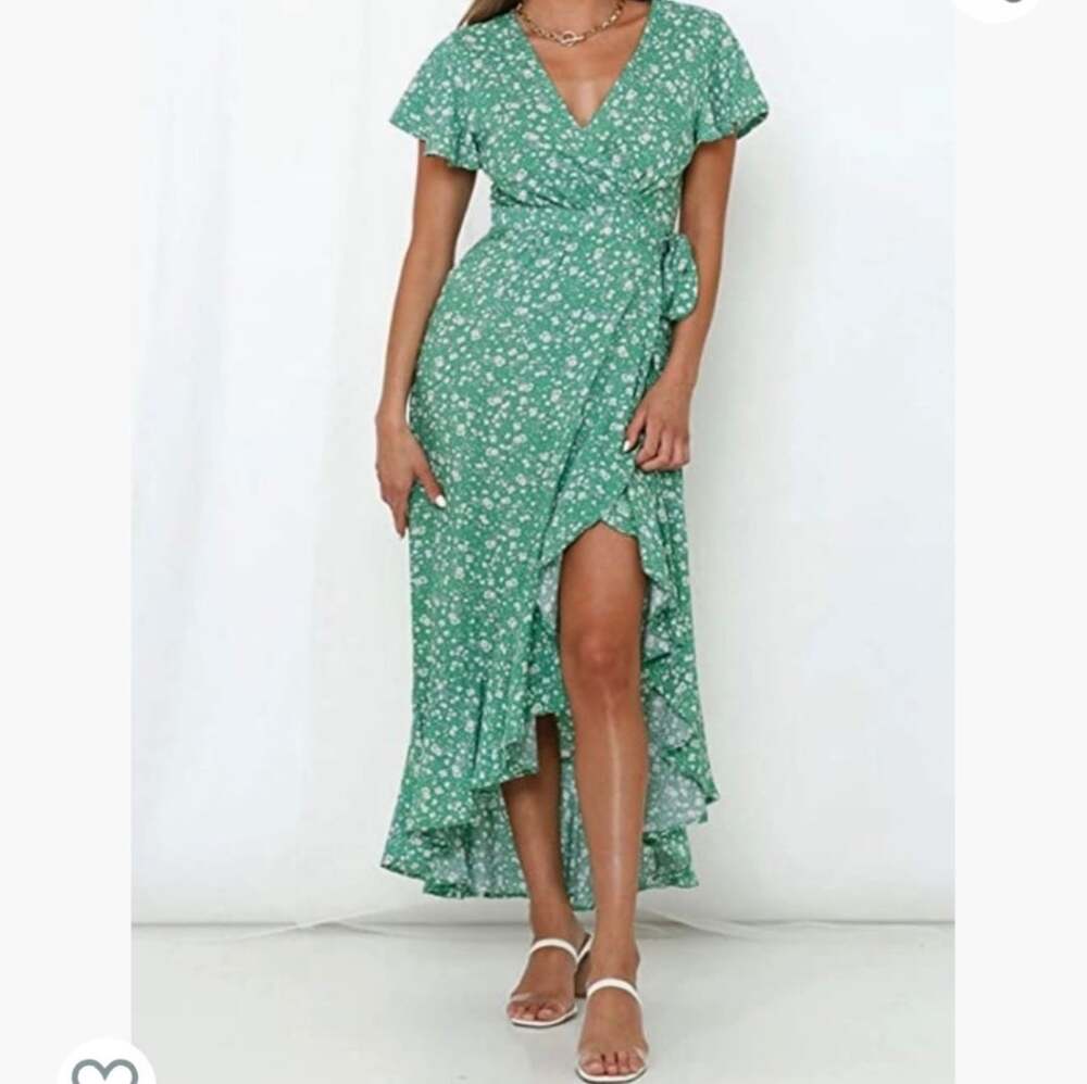 Zesica Women's Summer Bohemian Floral Printed Wrap V-Neck Beach Maxi Dress Green